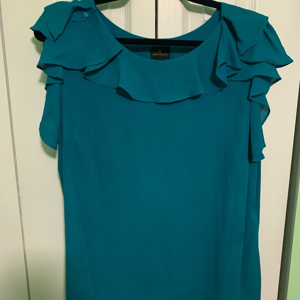 Teal short sleeve blouse with ruffle accent on sleeves by Worthington